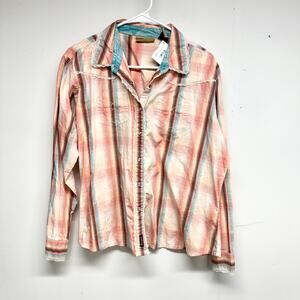 Wrangler Pearl Snap Button Front Lace Accent Plaid Collared Western Shirt XL